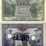 Billete legal de 1906, y uno falso. El segundo ha sido inutilizado y ha perdido parte del color, porque eran casi iguales, y lo único que cambiaba era el reverso que cuentan debía ser algo más oscuro. (El segundo billete tomado del libro Huarte, 2011).